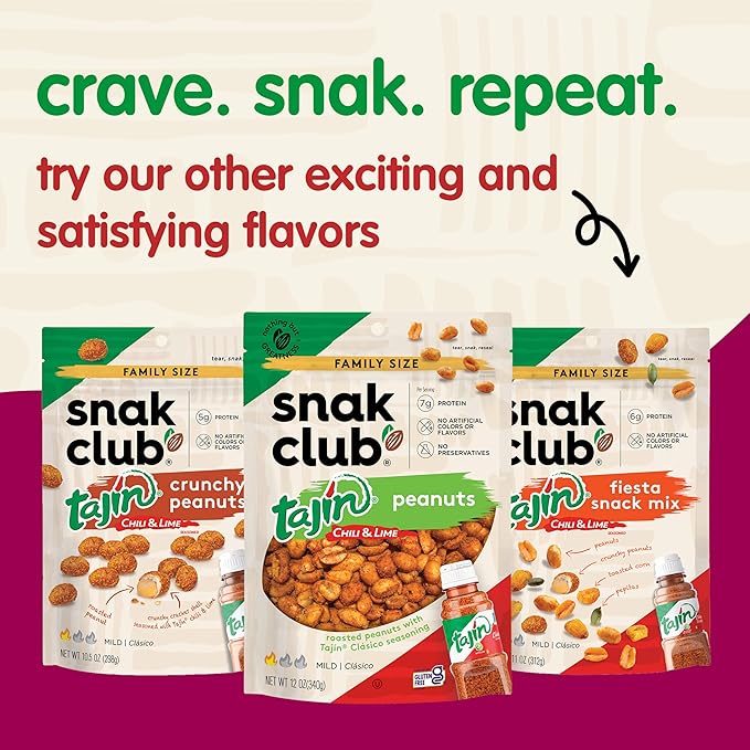 Snak Club Tajin Crunchy Peanuts Nuts with Chili and Lime Seasoning Mild No Artificial Colors or Flavors 10.5 oz Resealable Bags 3 Pack