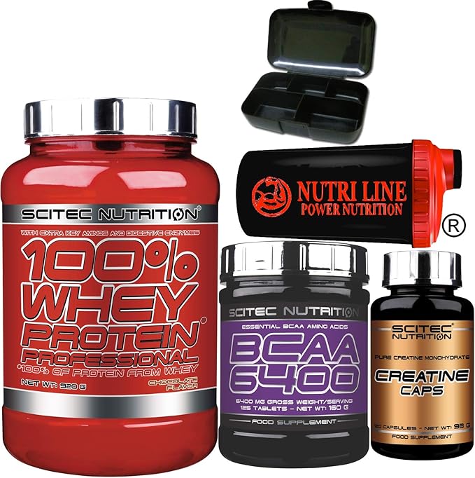 Scitec Nutrition 100% Whey Protein Professional 920 gr Proteine siero del Latte con 125 Bcaa 6400 125 compresse 120 Capsule creatina Shaker Nutriline e Portapillole (Cheesecake AL Limone) *#