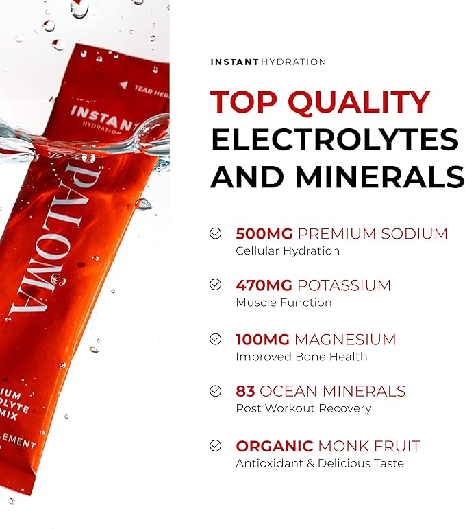 Instant Hydration Electrolytes Powder Packets - Paloma Electrolyte Drink Mix - Zero Sugar - Keto Vegan Gluten-Free Non-GMO - Boost Recovery Brain Health Muscle &amp Tissue Support- 30 Sticks