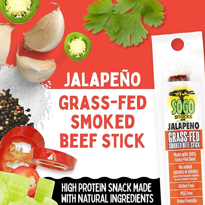 Jalapeno 100% Grass Fed Beef Sticks Sogo Snacks Low Carb and Gluten-Free Snack Hiking and Road Trip Snacks Snack Pack of 48 Level 3.5 of 5 Spicy Jerky Sticks