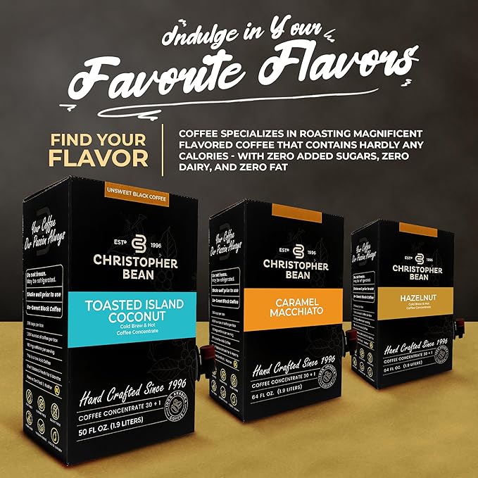 Christopher Bean Coffee - 396 servings 30 to 1 Blend Bag in Box Liquid Instant Coffee or Cold Brew Coffee Concentrate - Hot or Iced Coffee - Toasted Island Coconut