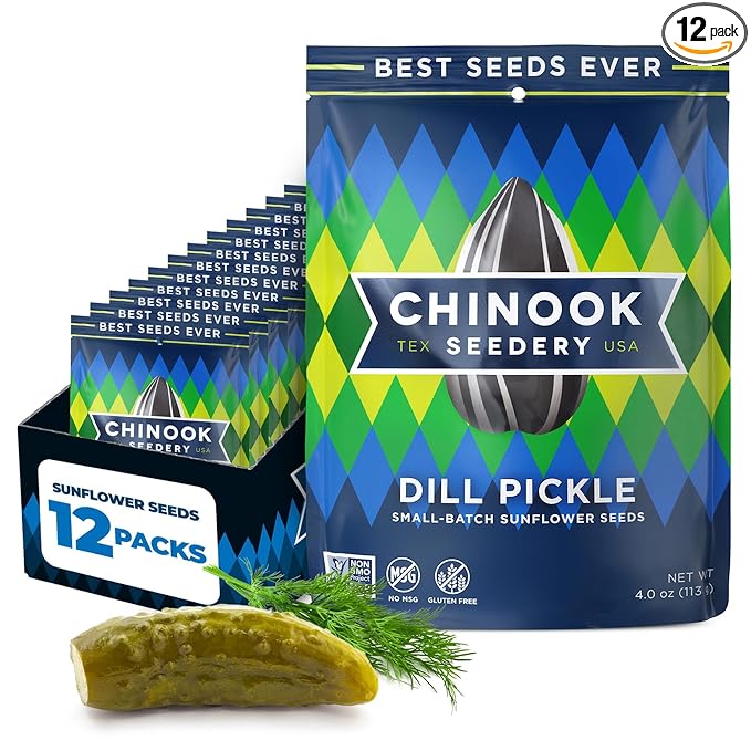 Chinook Seedery Sunflower Seeds to Eat — Jumbo Flavored Roasted Low Sodium Snacks — Keto Friendly Gluten-Free Non-GMO — Dill Pickle Sunflower Seeds 4 oz (12-Pack)