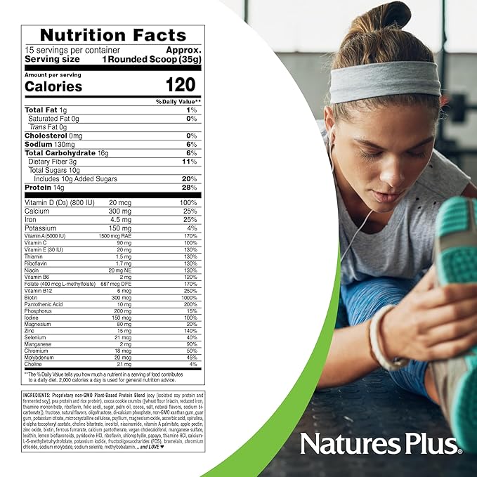 NaturesPlus SPIRU-TEIN Cookies &amp Cream - 1.15 lbs - Plant-Based Protein Shake - Non-GMO Vegetarian Gluten Free - 15 Servings