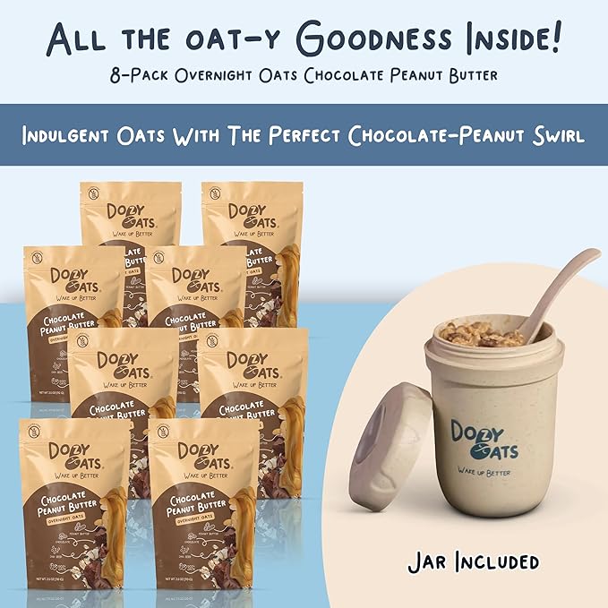 Dozy Oats Overnight Oatmeal Packets Chocolate Peanut Butter Multipack with Rolled Oats Chia Seeds and Date Powder. Gluten-Free Natural Source of Protein and Fiber 8-Pack and Jar