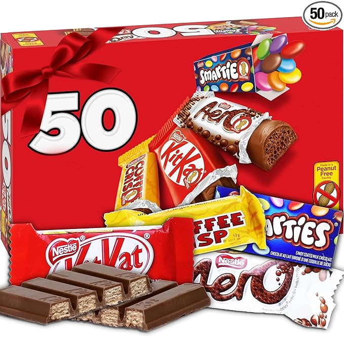 Chocolate Candy Gift Box 50 Mini Milk Chocolate Bars Includes Coffee Crisps KitkatWafers Peanut Free Chocolate Assorted Variety Individually Wrapped Bars For Gifting Red Gift Box