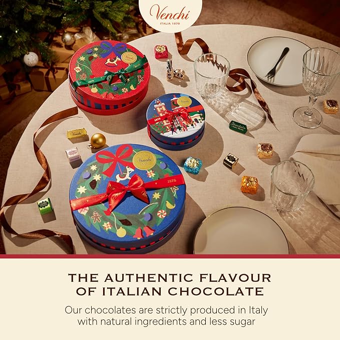 Venchi Medium Christmas Hatbox Gift with Assorted Chocolates with “Piedmont Hazelnut” Limited Edition 9.70 oz Gluten-Free Gift Idea