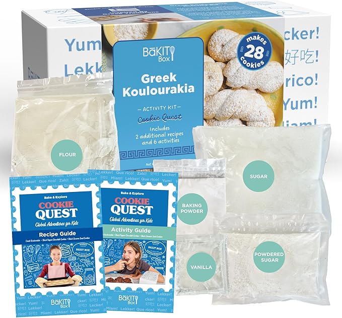 BāKIT Box Greek Koulourakia Cookie Kit Kids Baking Gift with Printed Recipe &amp Activity Guide Make Greek Twist Cookies + Learn Words &amp Symbols