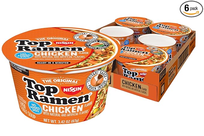 Nissin Top Ramen Bowl Ramen Noodle Soup Chicken 3.42 Ounce (Pack of 6)