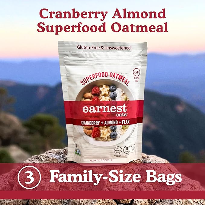 Earnest Eats Superfood Oatmeal – Cranberry Almond Flax – Vegan Gluten-Free 6g Plant Protein 5g Fiber No Added Sugar 24 Servings Total (3 Pack)
