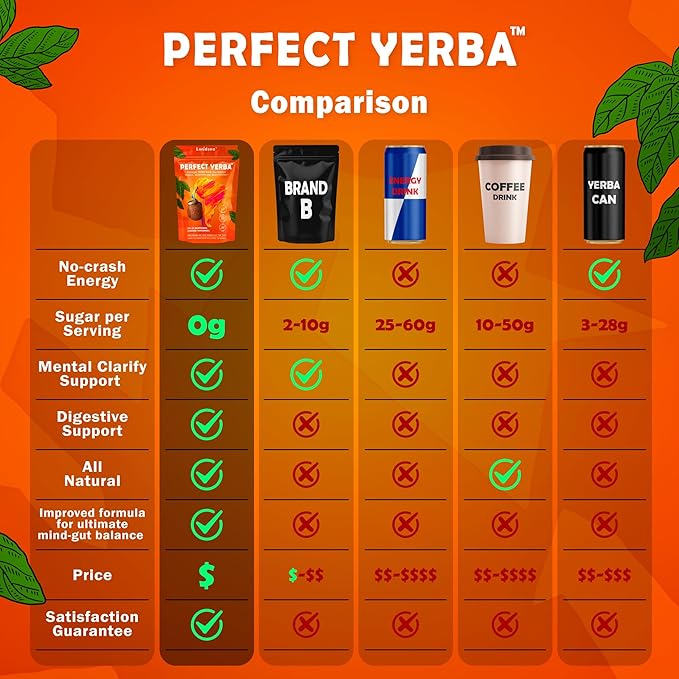 Perfect Yerba Instant Yerba Mate Tea Powder Drink – Orange Tangerine – Clean Energy + Focus + Gut Support (100mg Natural Caffeine Lion’s Mane L-Theanine Prebiotic + Probiotic + Enzymes) – 0g Sugar