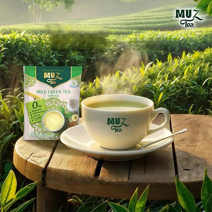 MuzTea Instant Milk Green Tea Powder Mix 3 in 1 With Green Tea Coconut Flower Sugar Creamer From Selected Low Fat Milk Powder 15 Sachets (Milk Green Tea)