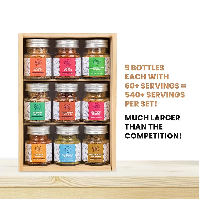 BBQ Rub Gift Set - Spice Gift Set in Premium Wooden Box - Great Grilling Gift for Father’s Day Christmas Birthday for Him Dad Men or Her - Unique Barbecue Seasonings (Set of 9)