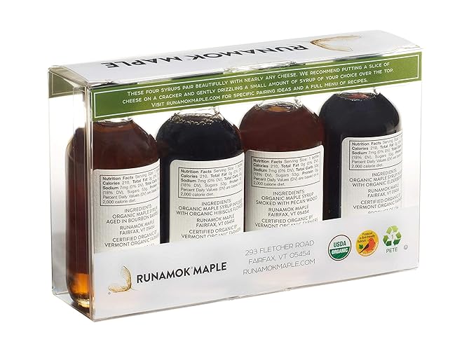 Runamok Organic Vermont Maple Syrup Sampler | Cheese Pairing Collection | 2 oz (4 count) | 60mL | Barrel-aged Infused and Smoked Organic Maple Syrup Varieties