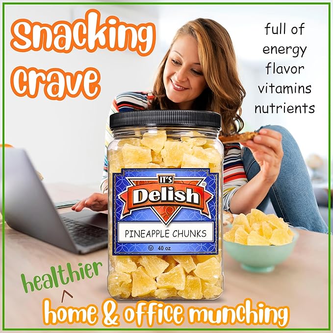 Delicious Dried Pineapple Chunks by It's Delish - 2.5 Lbs Reusable Jumbo Container | Lightly Sweetened Candied Fruit Low Sugar Vegan &amp Kosher Dry Fruit Snacks