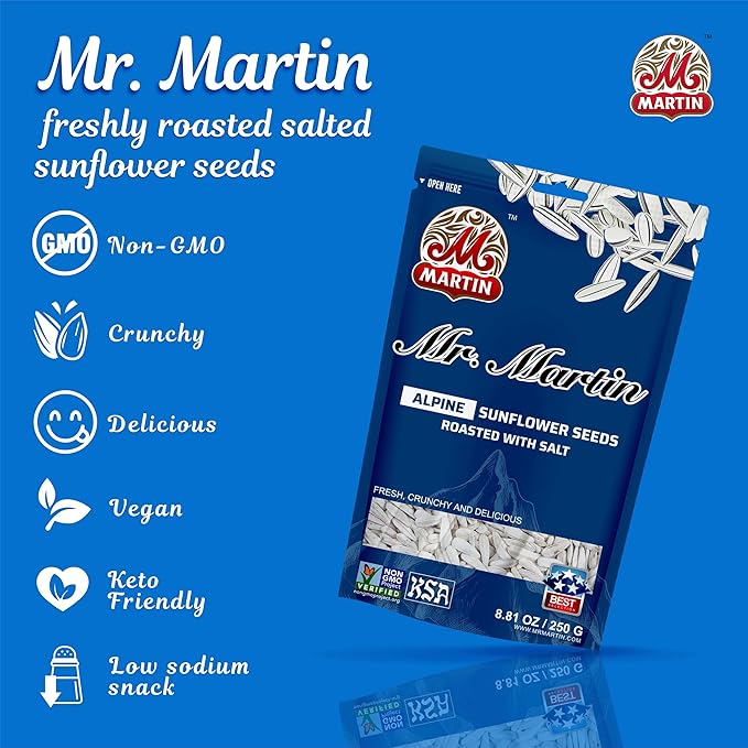 MR. MARTIN Freshly Roasted Alpine Salted Sunflower Seeds To Eat – Non-GMO Kosher Crunchy Delicious Vegan Keto Friendly Snack – 5.25 Oz12 Pack