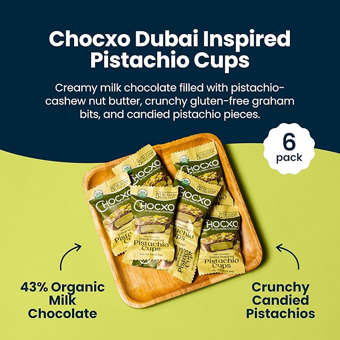 Chocxo Milk Dubai Chocolate Pistachio Cups - Lower Sugar Organic NonGMO Keto Gluten Free Kosher. 43% Cacao No Artificial Sweeteners/Sugar Alcohols 3.45 oz (Pack of 6)
