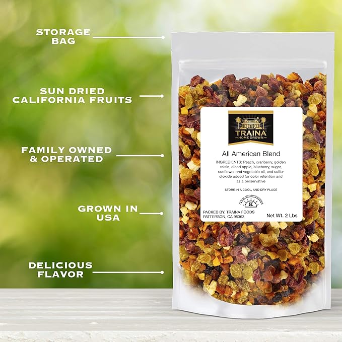 Traina Home Grown All American Dried Fruit Blend - Peaches Sweetened Cranberries Golden Raisins Sweetened Blueberries Apples - Non GMO Gluten Free Vegan Healthy Real Fruit Snack in Resealable P