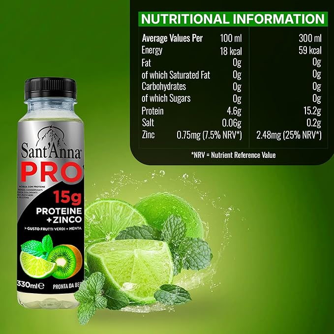 Sant'Anna PRO Functional Protein Drink – Green Fruits &amp Mint 11.15 Fl Oz (12-Pack) | 15g Protein + Zinc | No Sugar | Clear Water | Crafted with Sant’Anna Alpine Water | BPA-Free | No Preservative