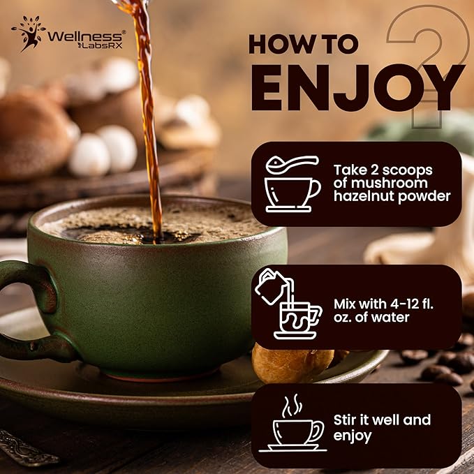 Mushroom Hazelnut Powder with Reishi 10:1 Extract Hot Cocoa Powder Caffeine-Free Mushroom Coffee Alternative - Adaptogenic Superfood Drink for Focus Relaxation and Mood Support - 30 Servings