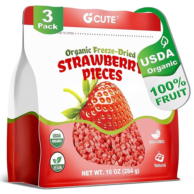 Organic Freeze Dried Strawberries Pieces - 10oz/284g Pack of 3 Crispy Dry Strawberry for Yogurt Smoothies Cereal &amp Baking | No Sugar No Additives &amp Natural Dehydrated Fruit Snacks for Kids