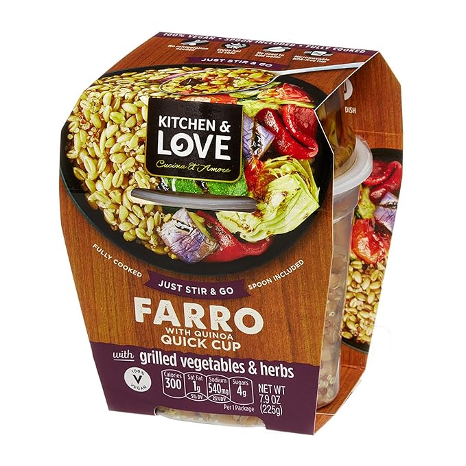 Kitchen &amp Love Cooked Farro Grilled Eggplant Zucchini Artichokes &amp Herbs Ready to Eat Shelf Stable Non Gmo Dairy Free Plant Based Kosher Vegan Vegetarian 7.9 Oz (6-Pack)