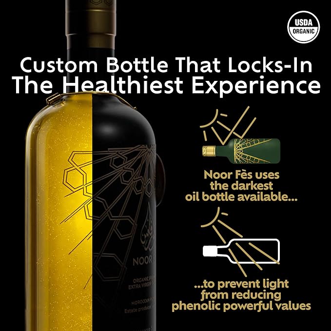 NOOR FÈS EVOO Gift Set | 20+ Awards | USDA Organic | 584mg/kg High in Polyphenols | Extra Virgin | Single Origin Estate | Cold Extracted Olive Oil | Low Acidity | Great Gift for Chefs | 17 Fl Oz