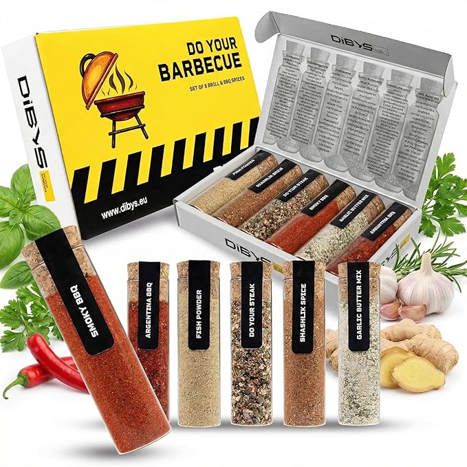 DIBYS Gourmet Grill Seasoning Set - 6 BBQ Spices for Meat Steak Beef Pork Chicken Fish &amp More - Fish Powder Do You Steak Smokey Garlic Butter &amp Argentina - Birthday Gifts for Men - Spi