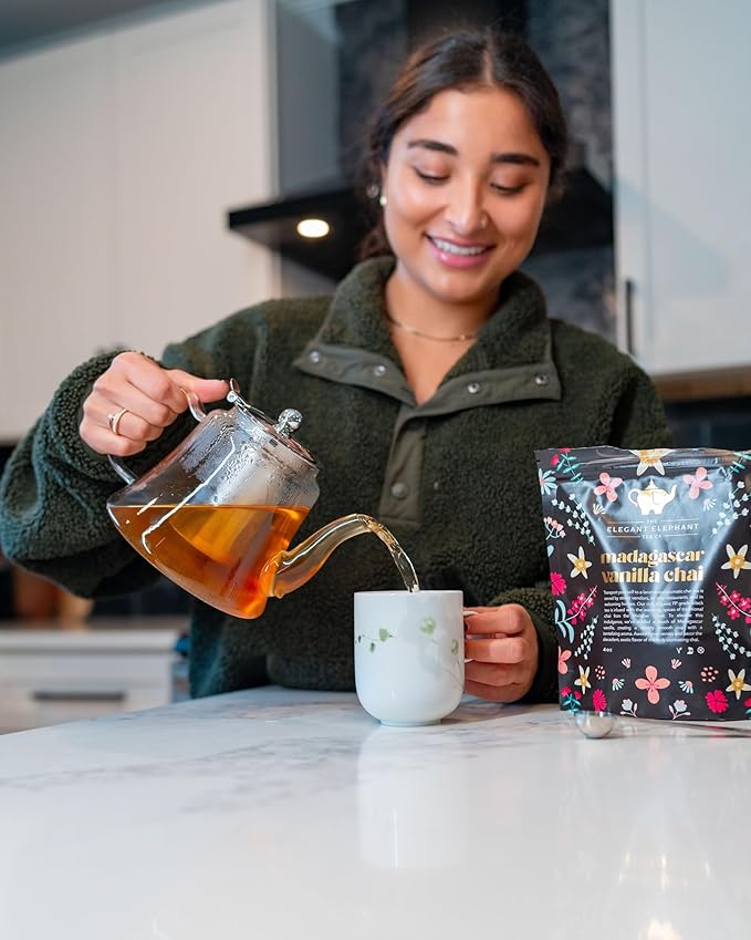 Madagascar Vanilla Chai Tea Organic Loose Leaf Chai Tea – Black Tea with Chai Spice Blend – Great Hot or Iced Chai Latte – 8 oz Resealable Bag (Makes 100 Cups) – The Elegant Elephant