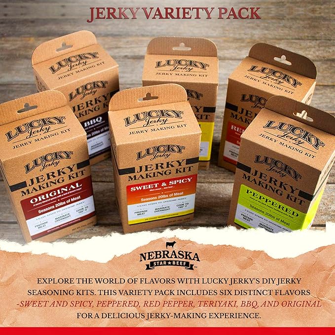 Lucky Beef Jerky DIY Jerky Seasoning and Cure Kits - Variety Pack with Six Flavors | Make Your Own with Sweet and Spicy Peppered Red Pepper Teriyaki BBQ and Original- Season 120lbs of Meat