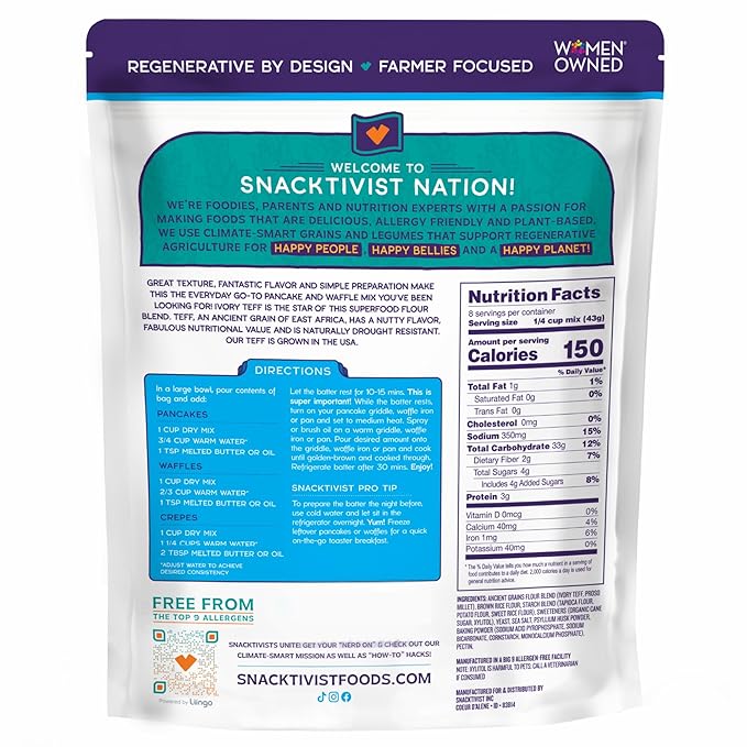 Snacktivist Ivory Teff Pancake &amp Waffle Mix Gluten-Free Vegan non-GMO Allergen-Friendly 12 Ounce (Pack of 3)