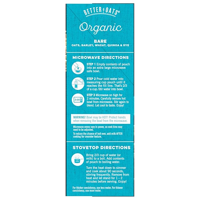 Better Oats Bare Organic Multigrain Hot Cereal Packets Instant Oatmeal Thick and Hearty Texture USDA Organic Box of 8 Pouches (Pack of 6)