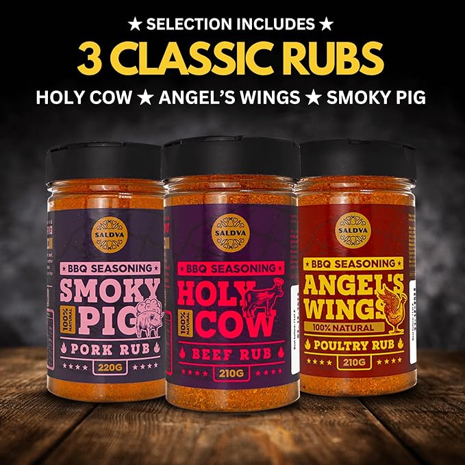 SALDVA Gift Selection of Premium BBQ Seasonings - Holy Cow Angel’s Wings Smoky Pig Sweet Texas Steak King &amp Adam's Ribs BBQ Rubs | Pack of 6 | 100% Natural | Spice Gift For Foodie