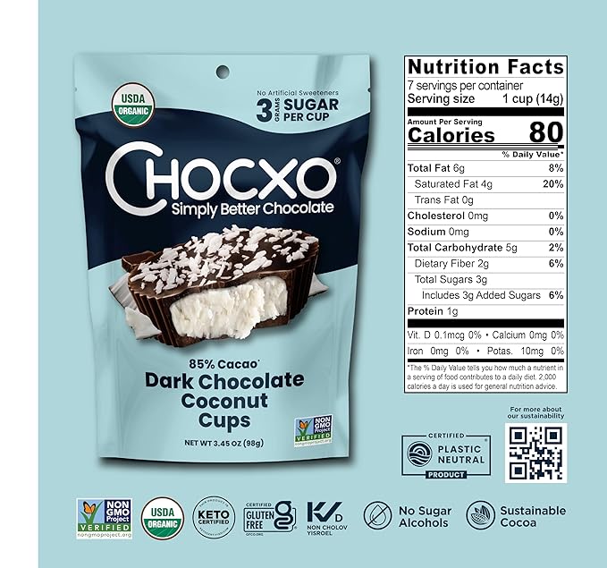Chocxo Dark Chocolate Coconut Cups - Truly Indulgent Low in Real Sugar Organic Non-GMO Keto Certified Certified Gluten Free and Kosher No Artificial Sweeteners or Sugar Alcohols Decadent 85%