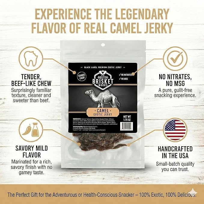 CAMEL JERKY – 100% Real Camel Meat – Exotic Wild Game Snack – Unique Valentines Day Gifts for Men Boyfriend Husband – Cool Guy Gift Idea – Handcrafted in USA