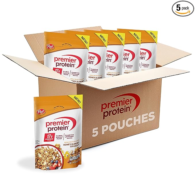 Premier Protein Granola Honey Almond Flavored Crunchy Clusters Yogurt Topping or On-The-Go Snack 9 oz Resealable Bag (Pack of 5)