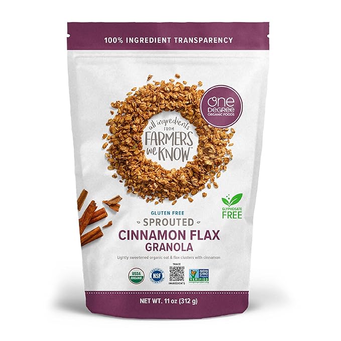One Degree Organic Foods Sprouted Oat Cinnamon Flax Gluten Free Granola - USDA Organic Vegan (11 oz. - 6 pack)