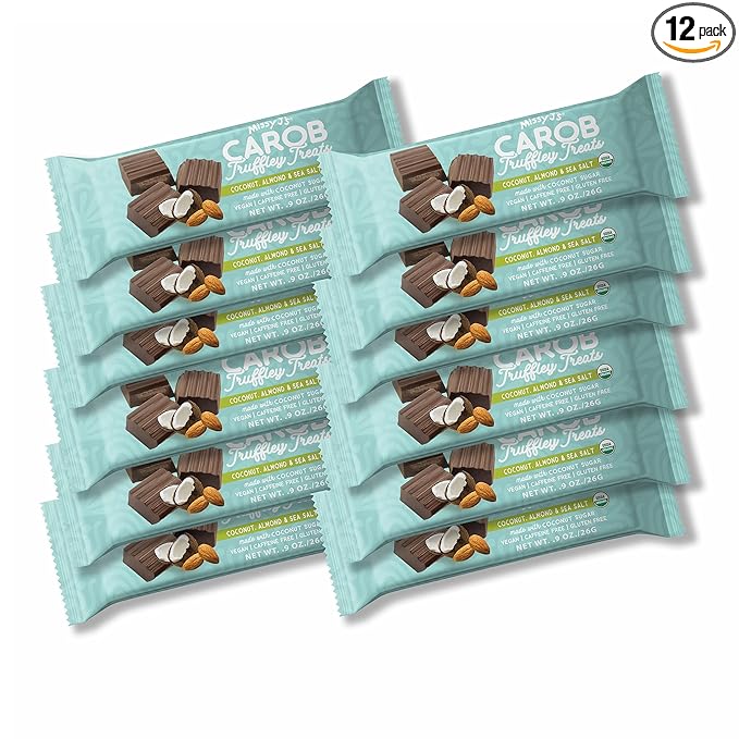 Missy J's Organic Carob Coconut Almond and Sea Salt Truffley Treats 12 Pack Vegan Gluten and Caffeine free Healthy Substitute for Chocolate Perfect for Snacks and Treats