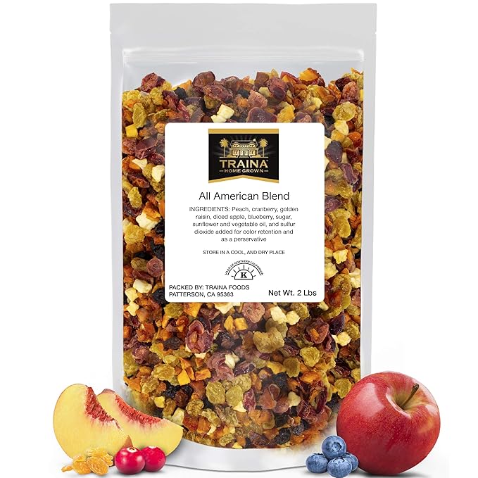 Traina Home Grown All American Dried Fruit Blend - Peaches Sweetened Cranberries Golden Raisins Sweetened Blueberries Apples - Non GMO Gluten Free Vegan Healthy Real Fruit Snack in Resealable P