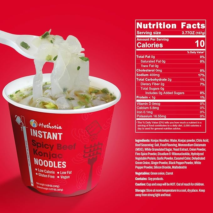 Hethstia Konjac Noodle Spicy Beef Soup 6-Pack Instant Shirataki Pho Soup Cup Low-Calorie 34.32 oz Konjac Pho Pasta Spicy Beef Broth Sugar-Free Low-Carb Gluten-Free Vegan Healthy Asian Meal