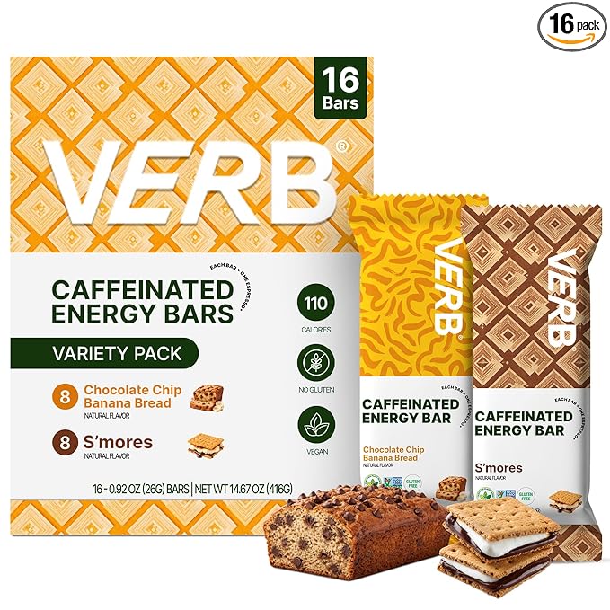 Verb Caffeinated Energy Bars Variety Pack - 2 Delicious Flavors (26g Pack of 16) 110-Calorie Delicious Low Sugar Energy Bar Vegan &amp Gluten Free On-the Go Snack with 80mg Green Tea Caffeine