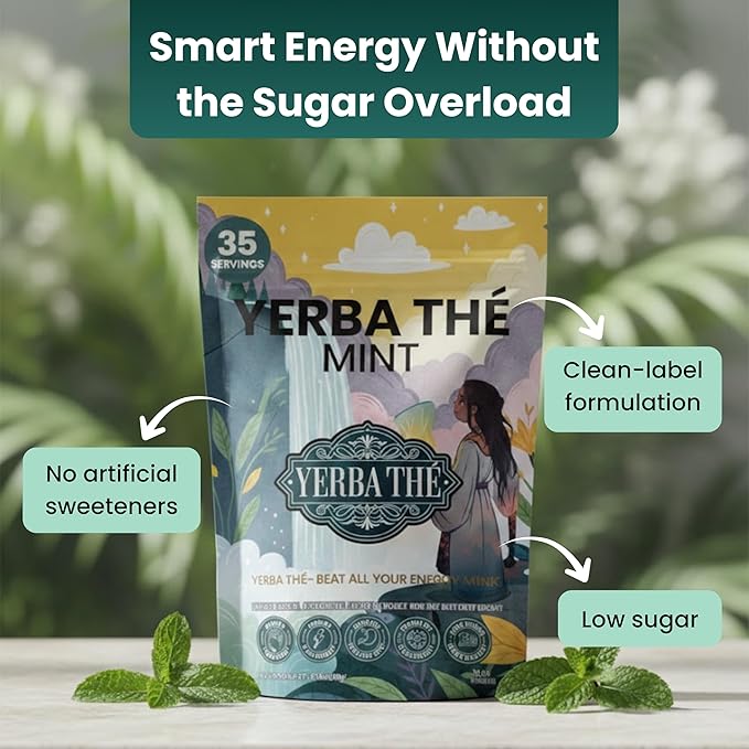 Yerba Mate Powder - Clean Energy &amp Focus - Organic Yerba Mate Tea 350g - Supports Gut Health with Probiotics &amp Prebiotics Brain Fog Relief Focus &amp Relaxation - Mint Flavor 35 Servings