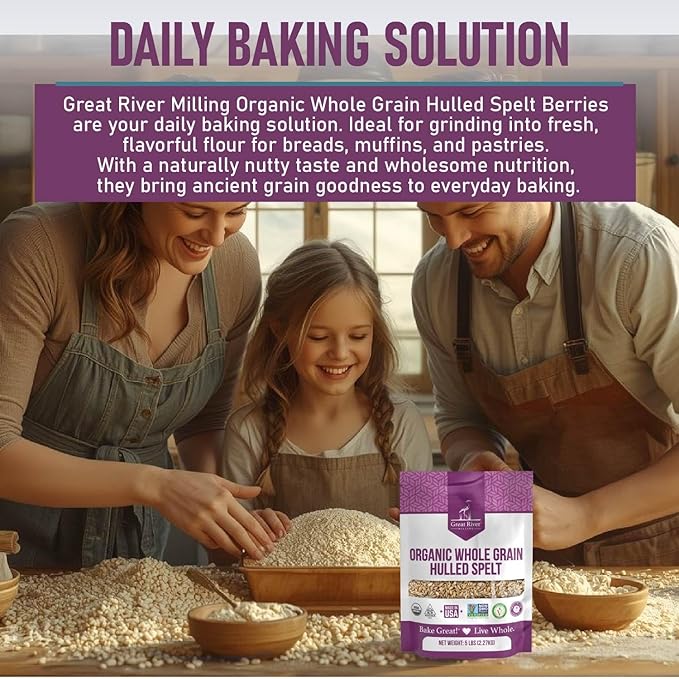 Great River Milling Organic Hulled Spelt Berries | Ancient Whole Spelt Grain | High Fiber &amp Protein | Non-GMO &amp Kosher | Ideal for Baking Salads Pilaf &amp More | 5 Lb