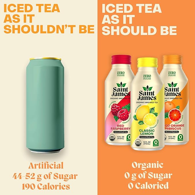 Saint James Iced Tea - Organic Black Tea - Non GMO Gluten Free Zero Calorie &amp Zero Sugar - Variety Black Tea Flavors 12 Pack (16 fl oz each)