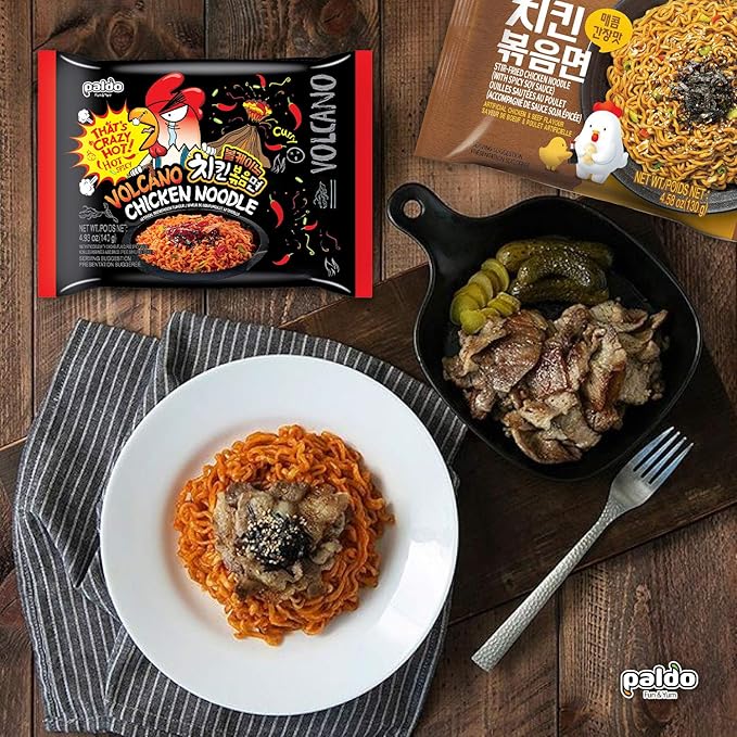 Paldo Fun &amp Yum Hot &amp Spicy Chicken Noodles Set 4 Pack of Volcano &amp 4 Pack of Soy Seasoning Stir-Fried Noodles with 10 Disposable Chopsticks Spicy Ramen Challenge 볼케이노 치킨볶음면 &amp 매콤 치킨
