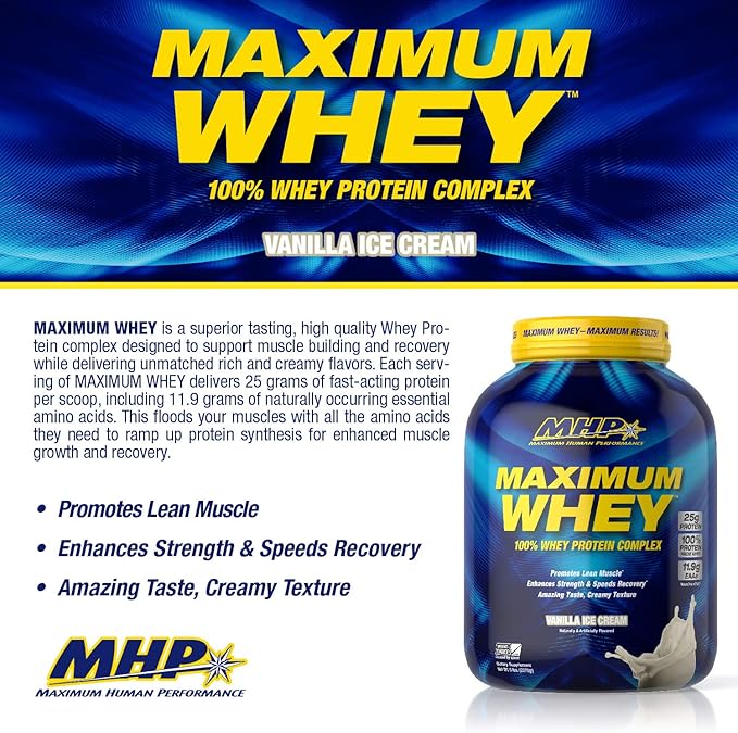 Maximum Human Performance Maximum Whey Protein 25g Fast Acting Delicious Tasting Protein Enhances Strength &amp Speeds Recovery Vanilla Ice Cream 62 Servings 5 Pound
