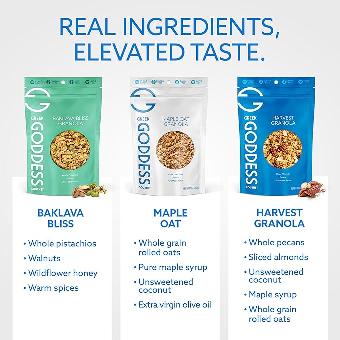 Greek Goddess Gourmet Granola Variety Pack – Baklava Bliss Harvest &amp Maple Oat with Nuts Honey Maple Syrup Coconut &amp Olive Oil – Greek-Inspired Gluten Free Granola 10oz Bags (3-Pack Ass