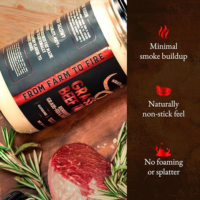 Beef Tallow for Cooking (14 oz) — US-Made 100% Grass-Fed and Finished Beef Fat Rich Flavor — Pure Beef Tallow for Deep Frying Searing Baking — Keto Paleo Carnivore Friendly- No Additives