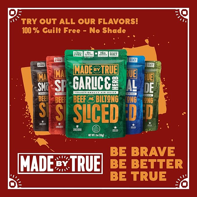 Made by True Beef Sliced Bites - All NaturalTrue Jerky Biltong - High Protein Keto Paleo &amp Whole30 Diet - Sugar-Free Gluten-Free Carb-Free Snack Packs (Spicy Medley 2 Ounce (Pack of 2))
