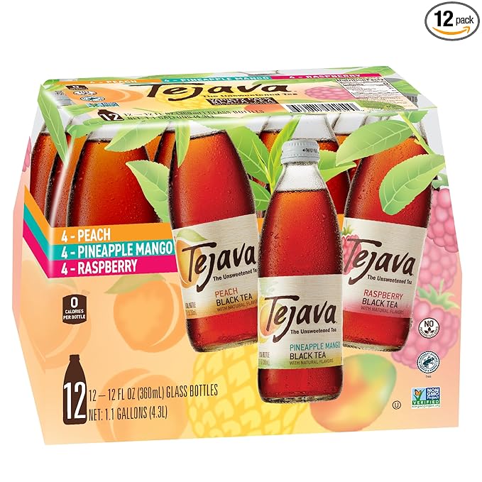 Tejava Black Tea Sampler 12 ounce (12-Pack) Glass Unsweetened Peach Raspberry and Pineapple-Mango Ready-to-Drink Premium Iced Tea