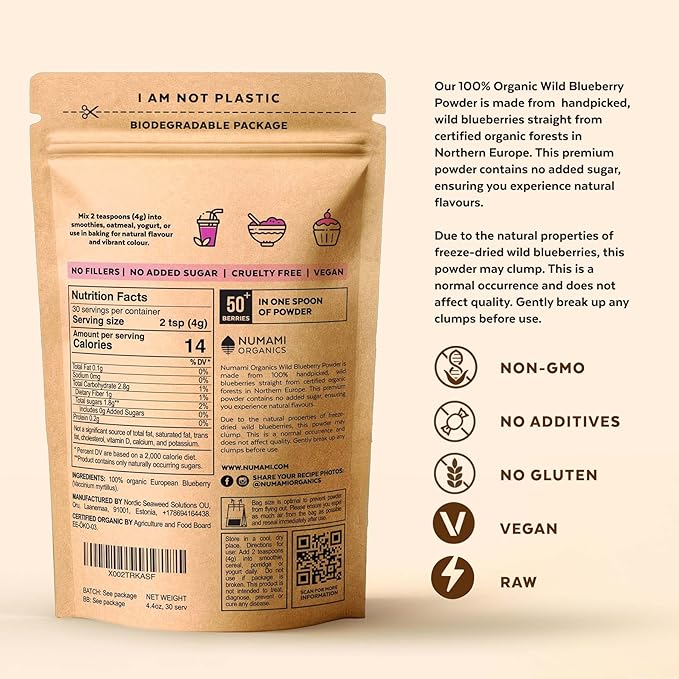 Numami Wild Blueberry Powder Organic USDA Certified for Smoothies Baking and Flavoring Rich in Antioxidants Organic Blueberries are Handpicked from Nordic Forests and Freeze Dried